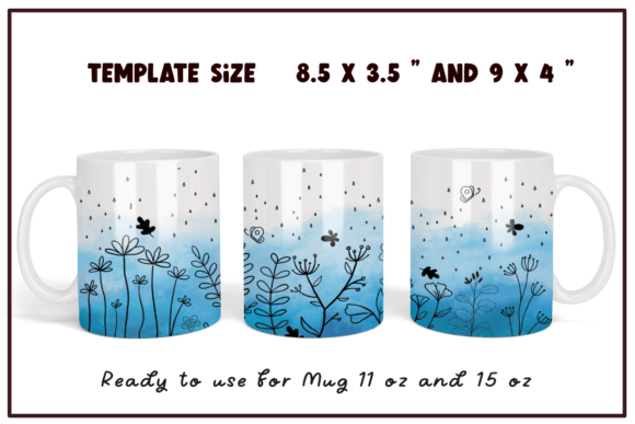 Flowers Line Art Watercolor Blue Mug: Graphics and Crafts