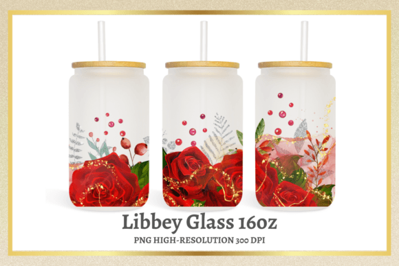 Red Rose Flowers 16oz Libbey Glass Can