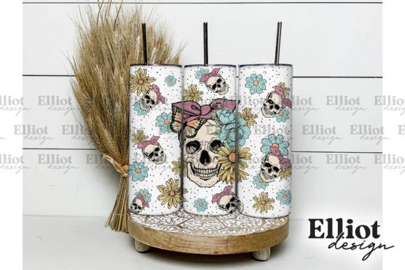 Retro Skull Flowers Tumbler Wrap PNG