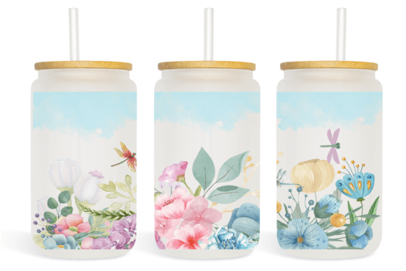 Watercolor Flowers 16oz Glass Can Wrap Graphics