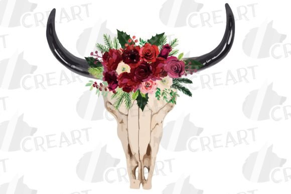 Winter Bull Skull Burgundy Flowers, Graphics